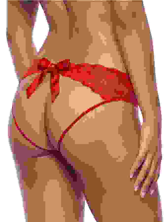 Escante Bow Back Sheer Lace Crotchless Panties, Red, hi-res